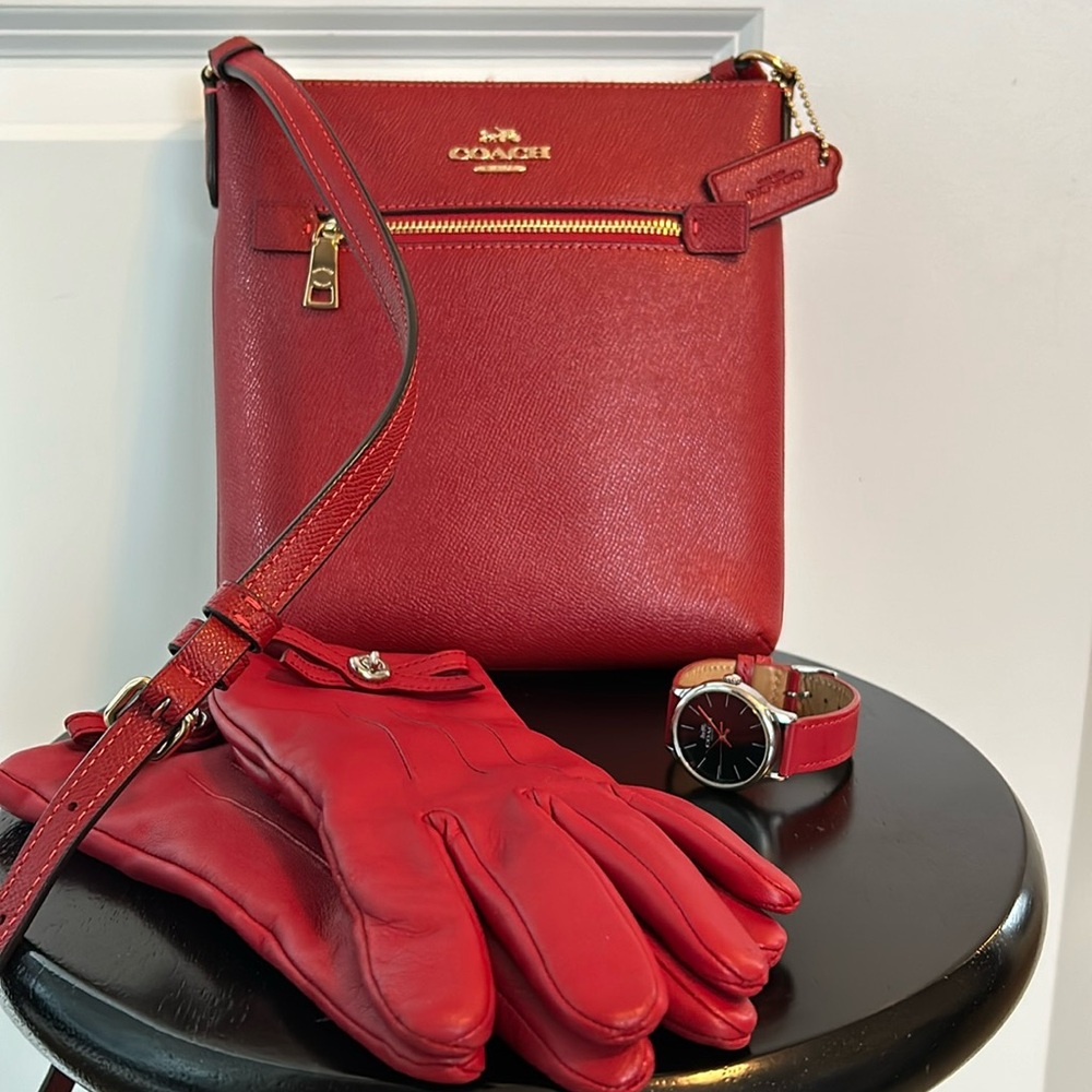 Coach 1941 Red Mini Rowan crossbody file bag, gloves and watch.